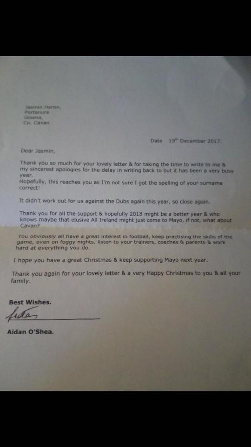 Longford student chuffed by class gesture from her idol, Mayo star Aidan O'Shea