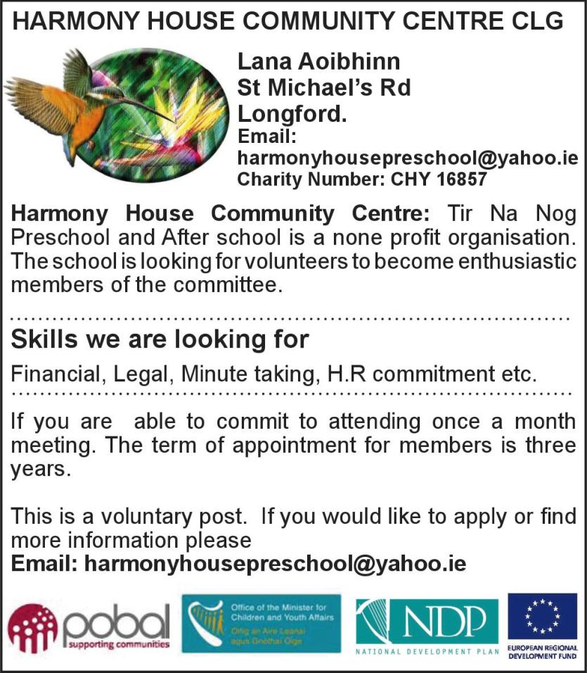 Harmony House Community Centre in Longford seeks enthusiastic volunteers