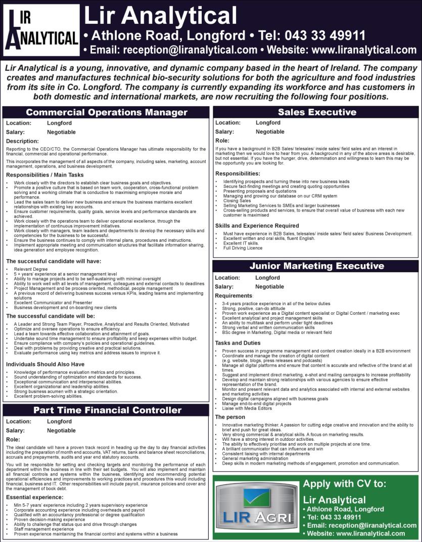 Longford Leader Jobs Alert: Lir Analytical seeks four dynamic people to join its expanding workforce