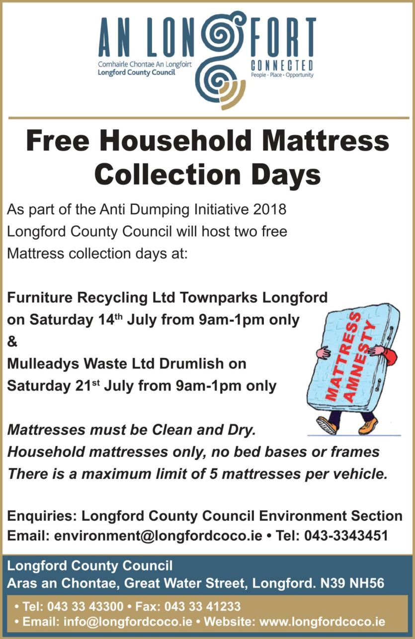 FILE PHOTO: For illustration purposes only. Longford County Council are holding free household mattress collection days 