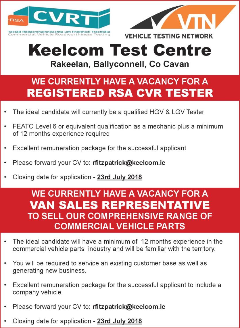 Longford Leader Jobs Alert: Keelcom Test Centre seeks a Registered RSA CVR Tester & a Van Sales Representative