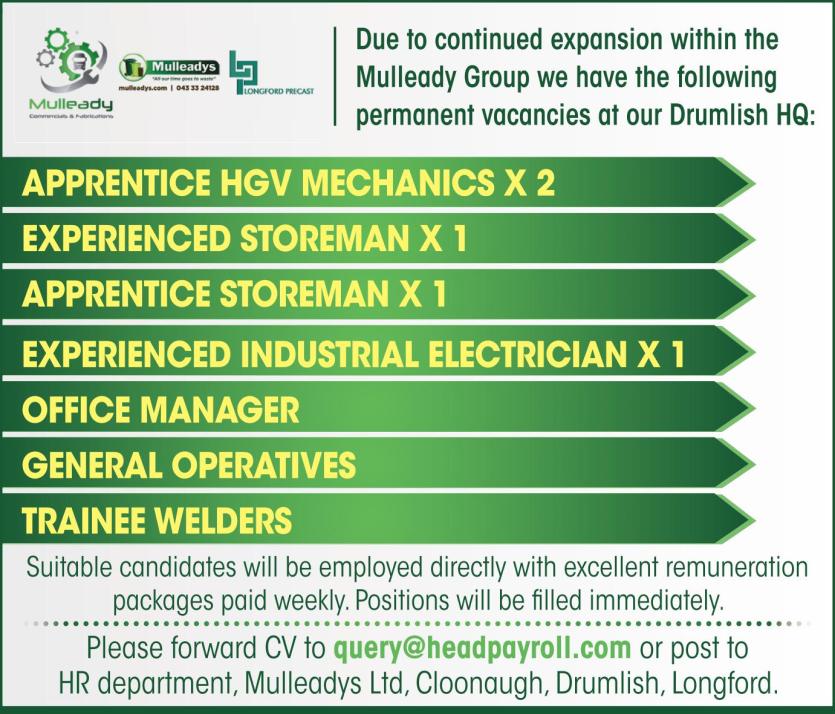 Longford Leader Jobs Alert: Mulleady Group have permanent vacancies to fill at their Drumlish HQ