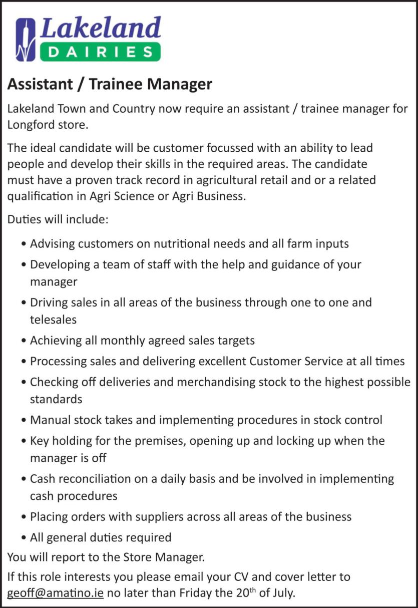 Longford Leader Jobs Alert: Lakeland Town and Country require assistant / trainee manager for Longford store