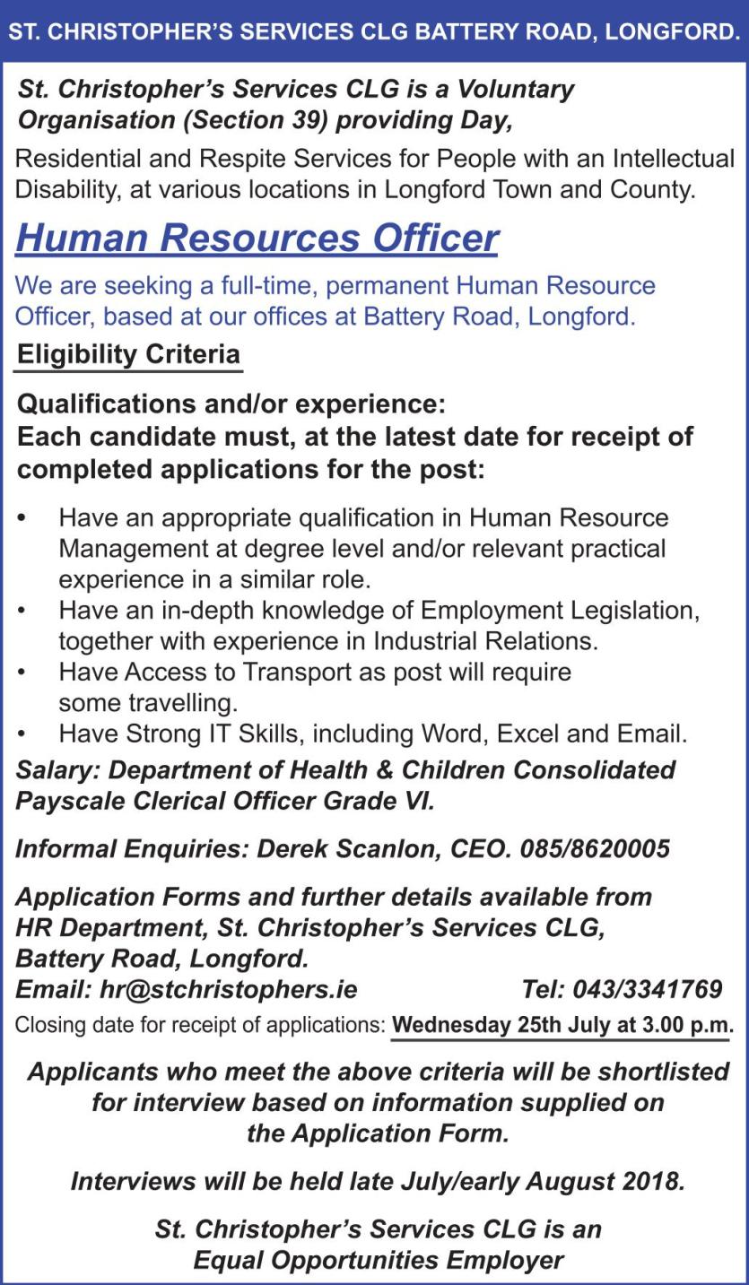 Longford Leader Jobs Alert: St Christopher’s Services CLG seeking a full-time, permanent Human Resource Officer