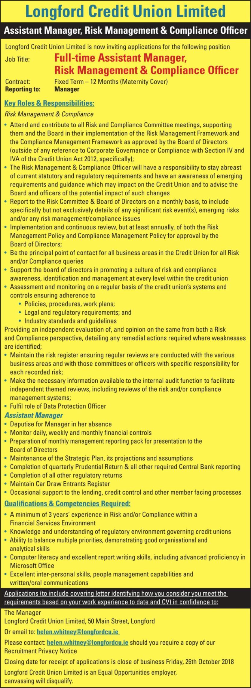 Longford Leader Jobs Alert: Longford Credit Union recruiting a full-time Assistant Manager, Risk Management & Compliance Officer