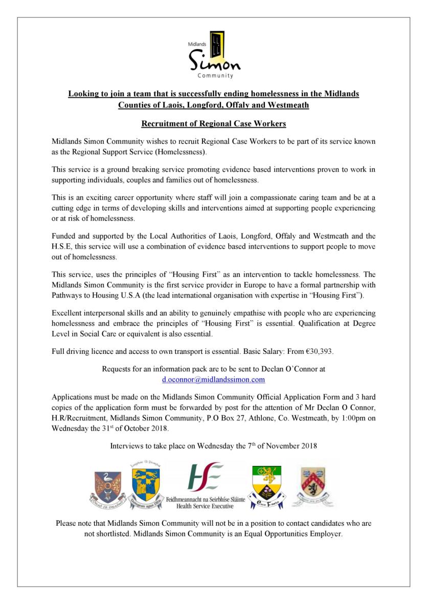 Longford Leader Jobs Alert: Midlands Simon Community wishes to recruit Regional Case Workers
