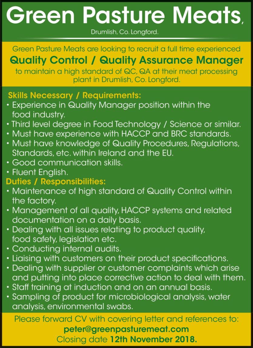 Longford Leader Jobs Alert: Green Pasture Meats in Drumlish looking to recruit a full time Quality Control/ Quality Assurance Manager