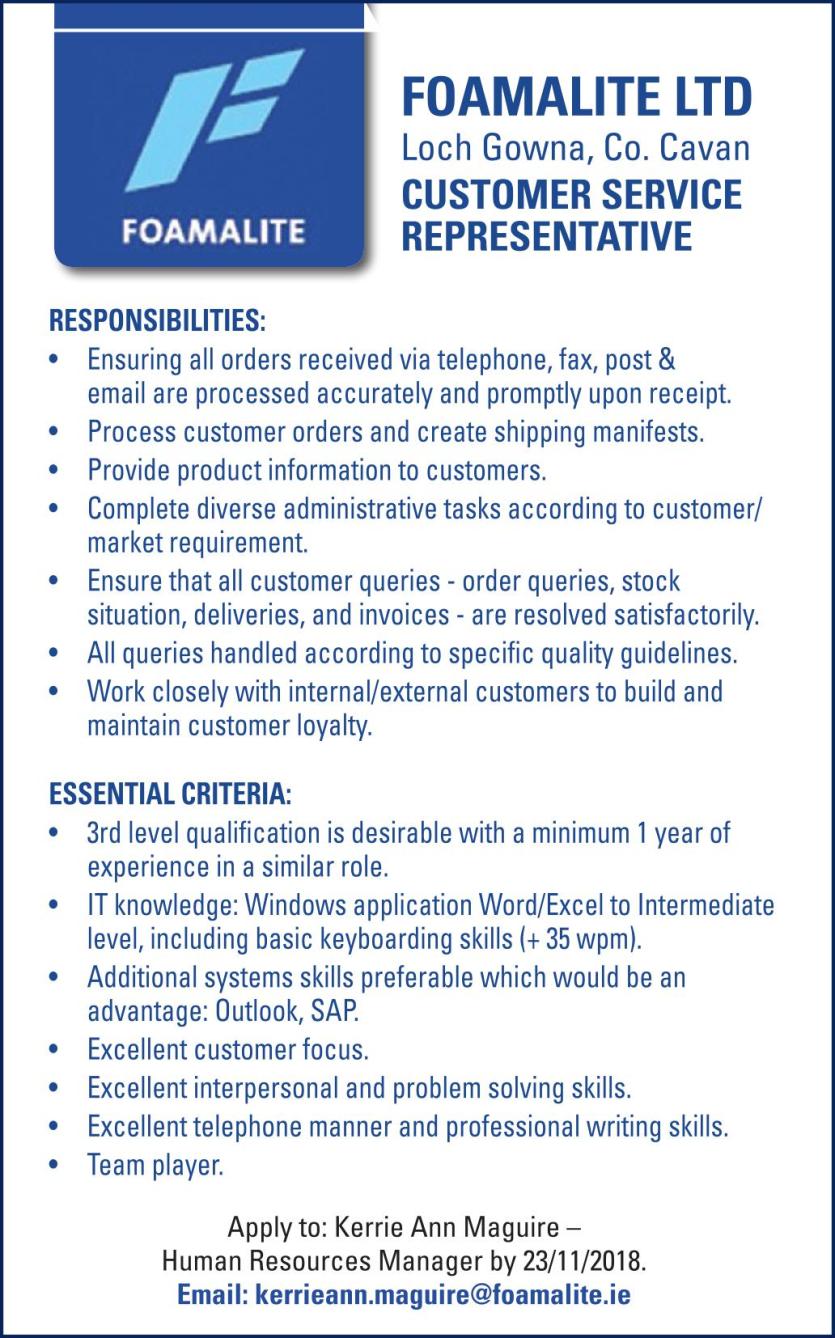 Longford Leader Jobs Alert: Foamalite Ltd in Loch Gowna  recruiting a  Customer Service Representative