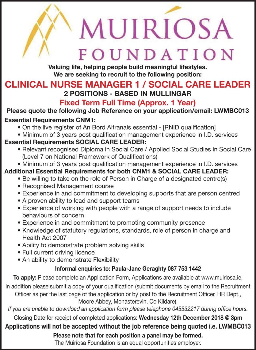 Longford Leader Jobs Alert: Job opportunities with the Muiríosa Foundation