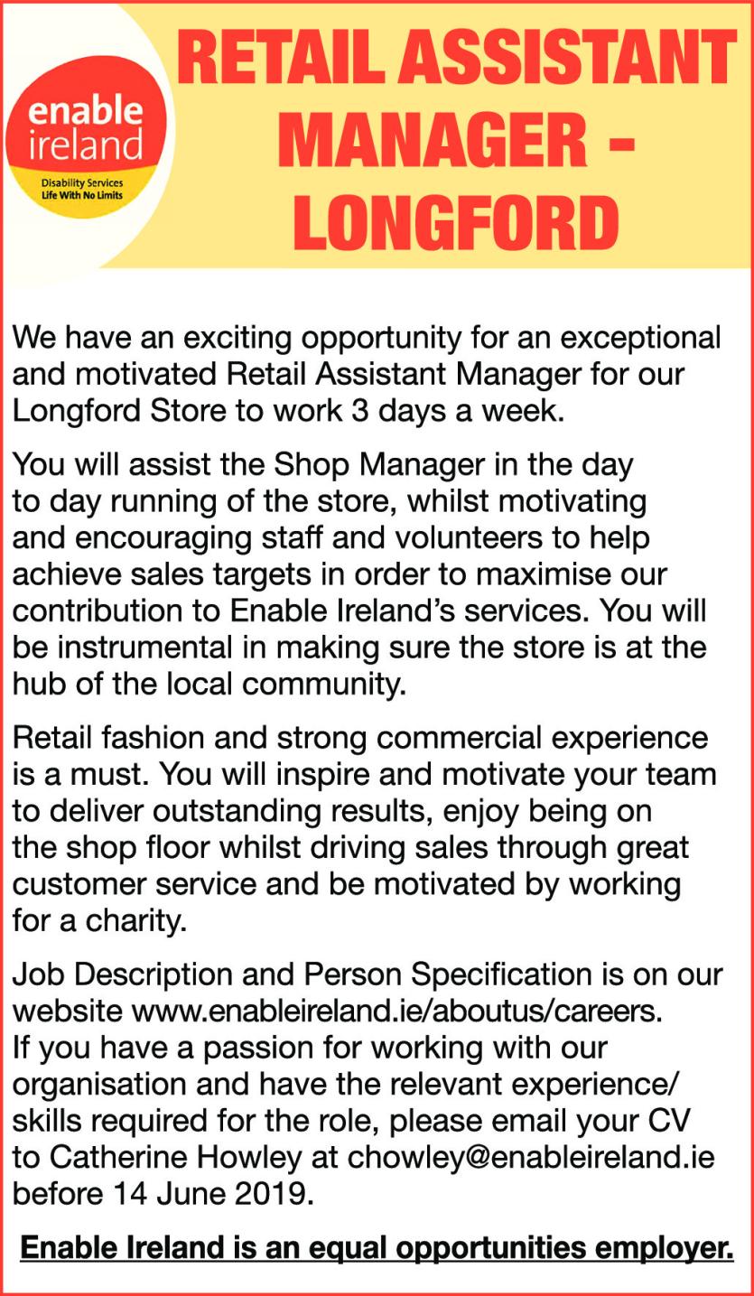 Longford Leader Jobs Alert: Enable Ireland seeking applicants for role of Retail Assistant Manager at its Longford store