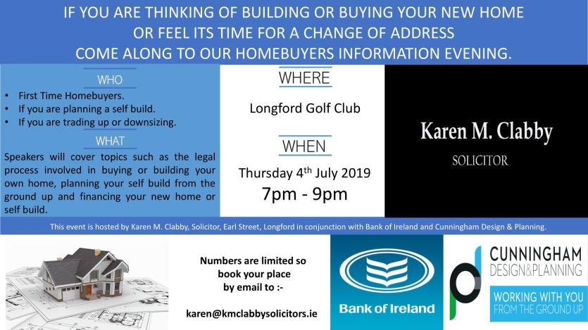 Karen Clabby hosting  Homebuyers Information Evening on July 4 at Longford Golf Club