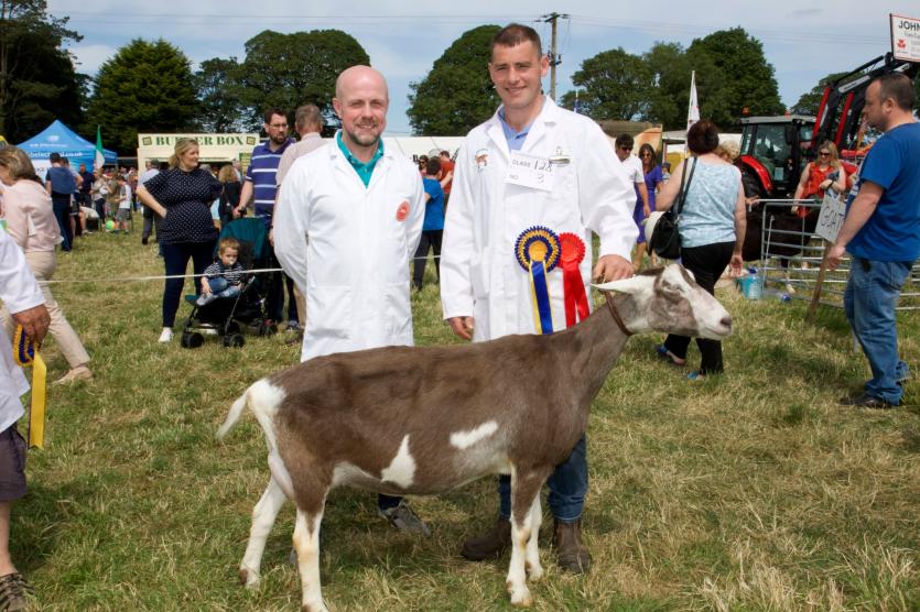Judge Edward Lenehan with best in show goat and owner Geoffrey Hyndman. PICTURE: MICHELLE GHEE.