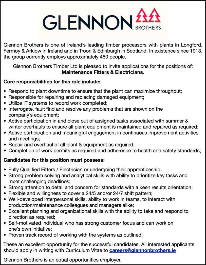 Longford Leader Jobs Alert: Glennon Brothers Timber Ltd looking to recruit maintenance fitters & electricians