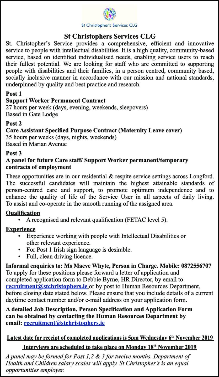 Longford Leader Jobs Alert: St Christopher's Services CLG recruiting for staff who are committed to supporting people with disabilities 