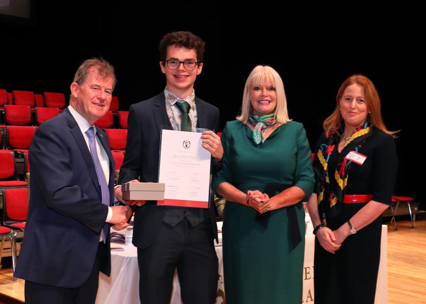 Sponsor JP McManus, Wilson's Hospital School student James O'Connor (from Longford), Minister of State for Higher Education, Mary Mitchell O’Connor TD