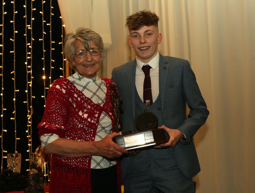 Fr Manning Gaels dinner dance 22.     Kathleen Tully presents award to Conor Keenan, Player of the match in the 2019 Intermediate county final.       