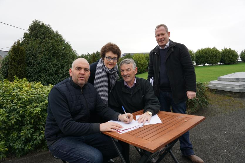 Left: Pictured at the signing at the church grounds in Drumlish l to r were: Seán Crowe (S & E Crowe Contractors), Annette Kane (Chair),  Mick Joyce (
