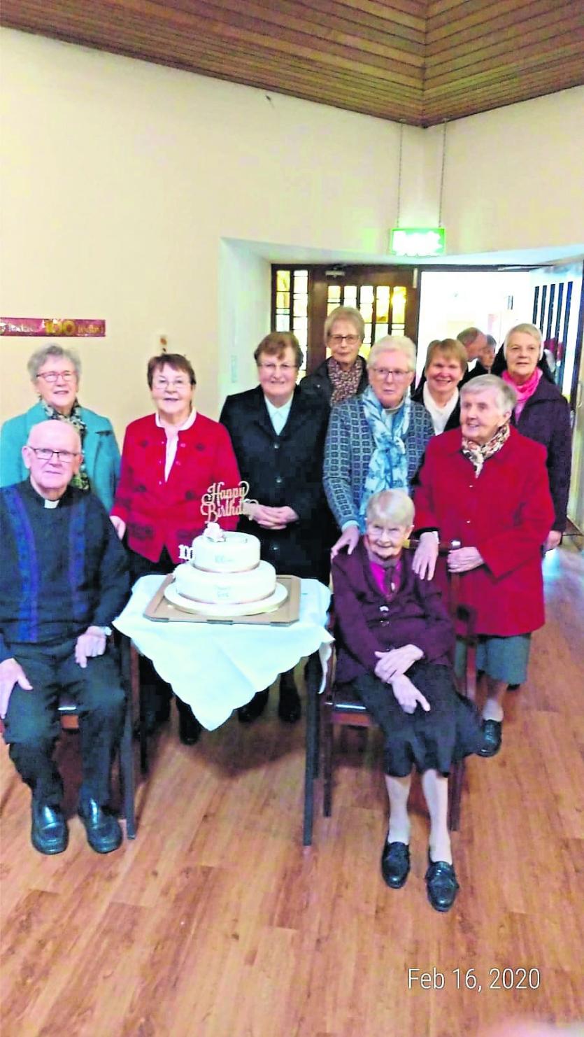 Sr Elizabeth Brady celebrated her 100th birthday in Our Lady’s Manor, Edgeworthstown on Sunday, February 16, 2020. Front: Fr Peter Beglan and Sr Eliza