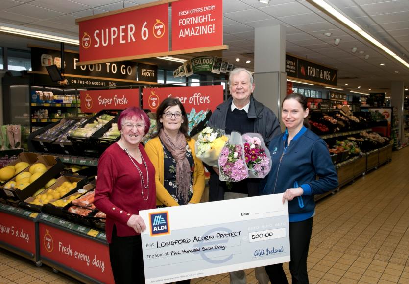 Pictured (L to R): Frances Salinger, Pozy Green and Conal Morgan from the Longford Acorn Project with Monika Fila, Aldi Longford Town’s ‘Charity Champ