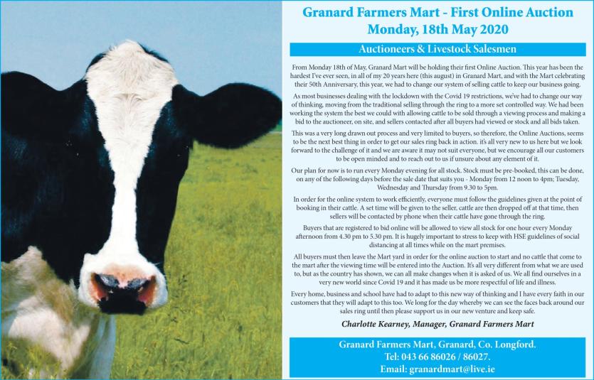 Granard Farmers Mart first online auction takes place on Monday, May 18