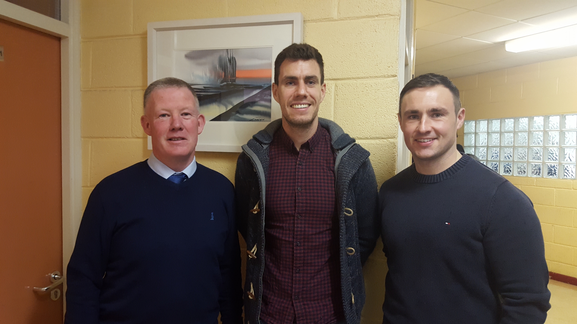 Niall McNamee from Offally GAA seen here with St Mel's College Principal Declan Rowley and Mel's teacher and Longford GAA County Player Ciaran Garvey after his talk on mental well being as part of WELLFEST 2017.
