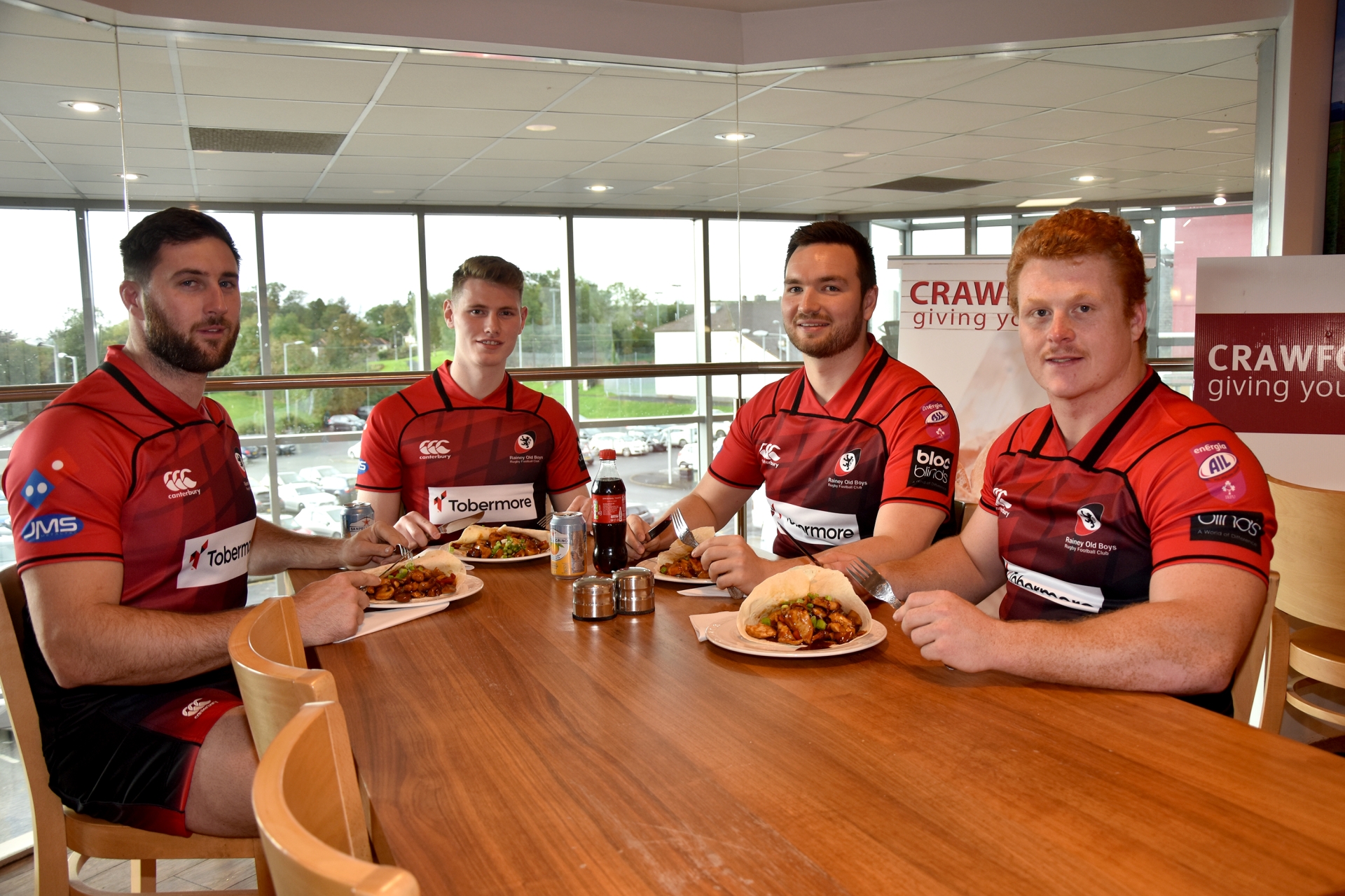  Conor Terrah  Brockschmidt, Gareth Hall, John McKenna and Brad Roberts of Rainey Old Boys Rugby Football Club try out a traditional Japanese dish on offer at Crawfords Maghera as part of their Rugby World Cup celebrations