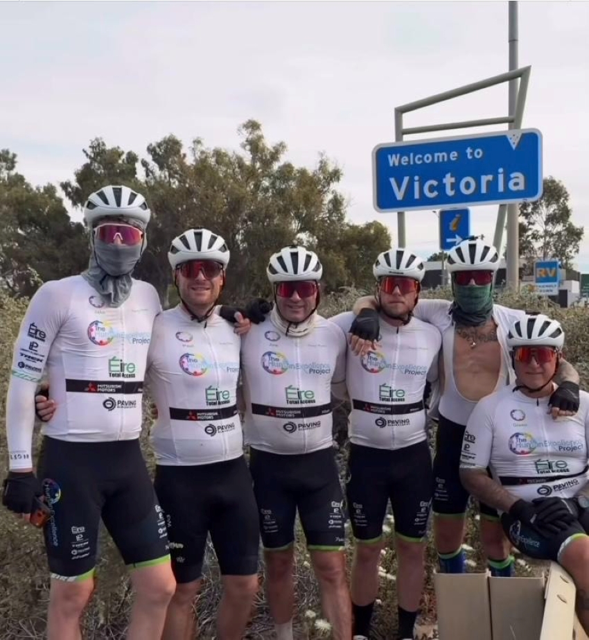 County Longford man Paul Martin (second from left) with Mark Eamonson, Jake Nelson, Joe Brennan, Glenn Fuller, Daniel Flanagan and Martin Flanagan who completed the 4,200km 'The Ride of our Lives' for charity and raised an incredible AU$106,000