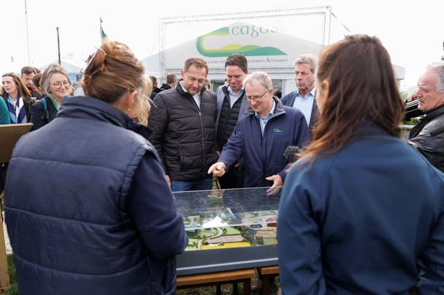Pictured at the Teagasc Exhibition at the National Ploughing Championships in Tullamore, discussing the Better Farming for Water Campaign, are: Teagasc director, Professor Frank O Mara (centre) with Christophe Hansen, EU Commissioner for Agriculture and Food; Martin Heydon TD, Minister for Agriculture, Food and the Marine; Sinead McPhillips, secretary general in the Department of Agriculture, Food and the Marine, and Liam Herlihy, Teagasc chairperson.